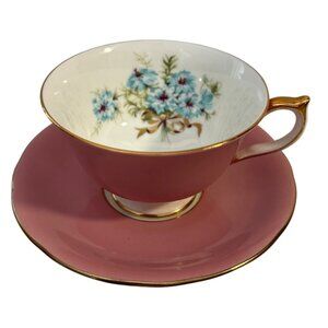 Aynsley Teacup & Saucer Dusty Rose Pink W/ Blue Floral Gold Trim #6252 England